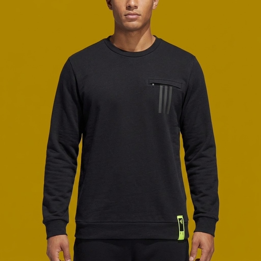 Adidas Chest Pocket 3-Stripes Crewneck Sweatshirt Mens M Black Long Sleeve EUC